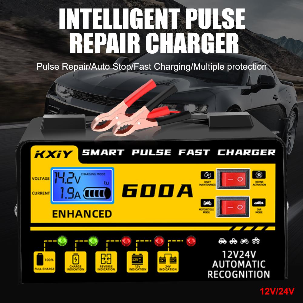 Цифровой ЖК-дисплей 12 В 24 В 600 А Автоматическая остановка Зарядное устройство для автомобильного аккумулятора Интеллектуальное импульсное восстановление Обнаружение напряжения и температуры