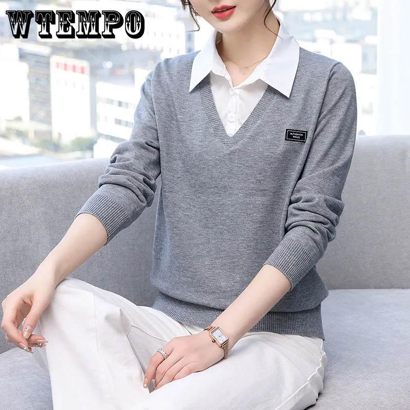 Женский искусственный свитер из двух частей, осенне-зимний корейский вариант, универсальная вязаная нижняя рубашка, пуловер, вязаный топ с лацканами