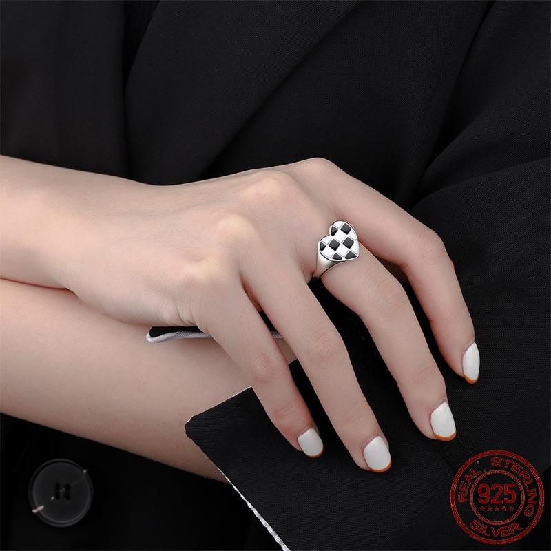 New Trend Cool Black White Grid Band Ring For Women Original 925 Silver Rings Brand Jewelry Gift
