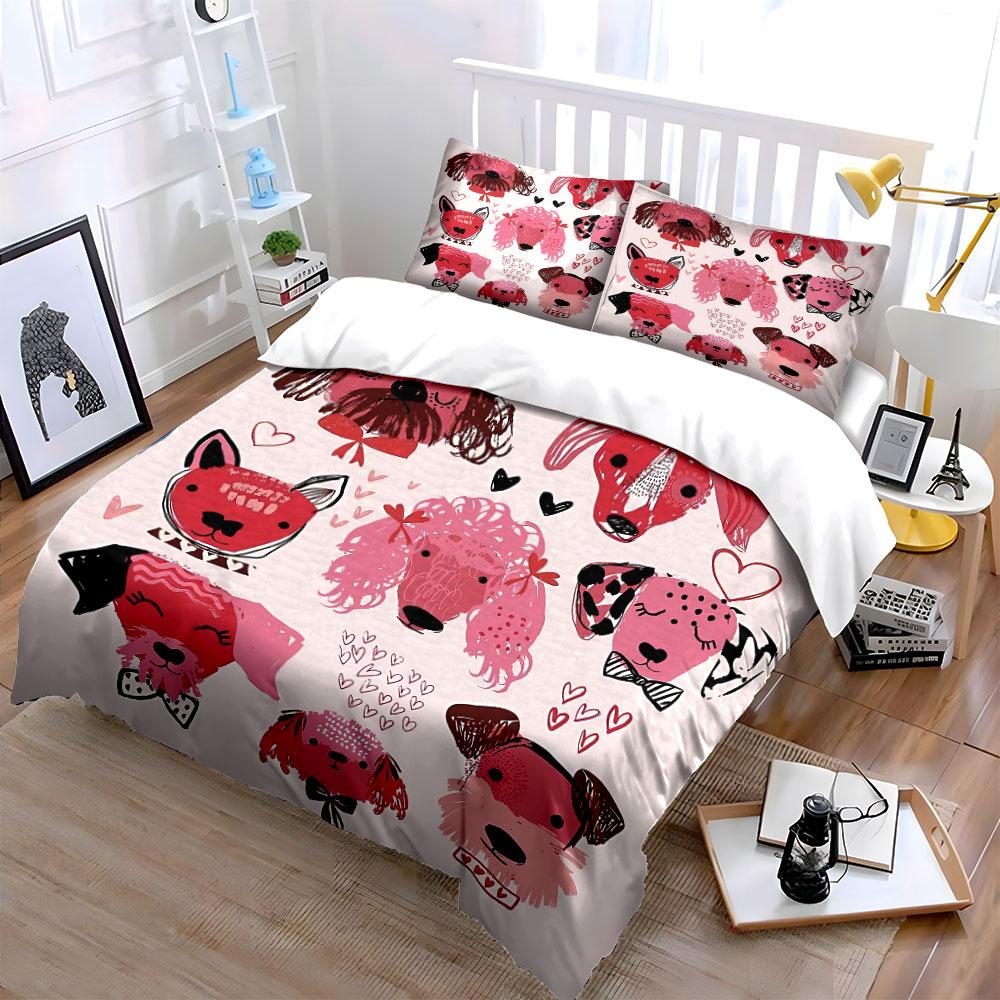 Cute Pink Dog Faces with Hearts Bedding Duvet Cover Set Duvet Cover Pillowcases (1*Duvet Cover 2*Pillowcases, without duvet insert)