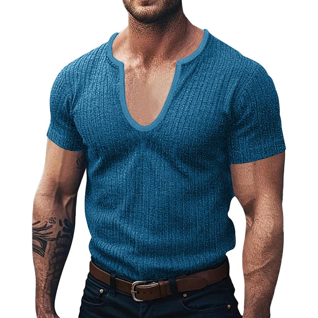 Men's Summer V-neck Striped Knitted Short-sleeved Tops Men's Casual Short-sleeved Tops