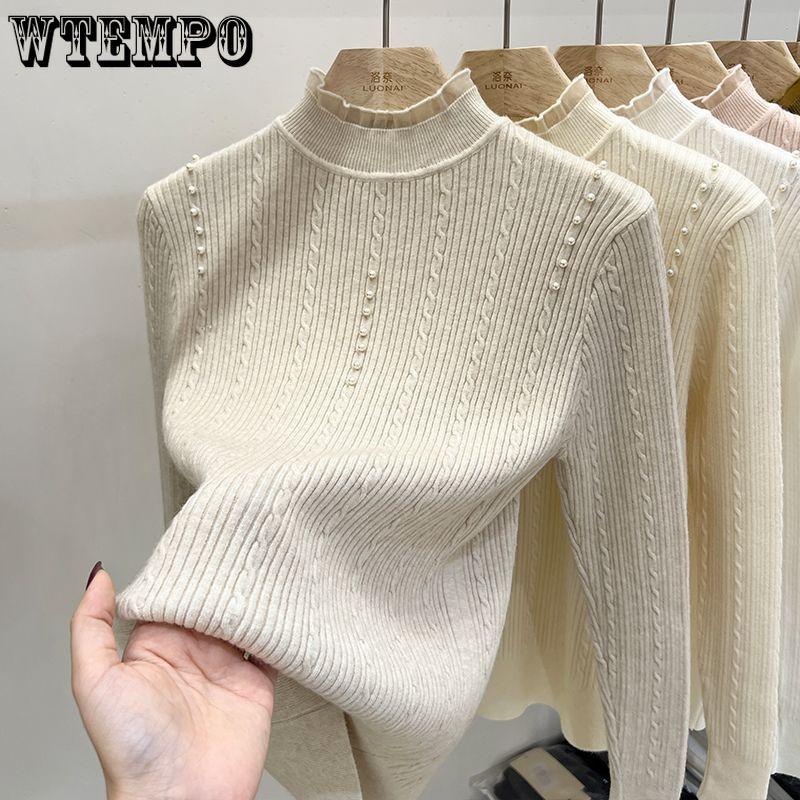 Кружевной свитер с высоким воротом Женский осенне-зимний свитер с косами и жемчугом, приталенный пуловер, топ, вязаный свитер, длинный рукав