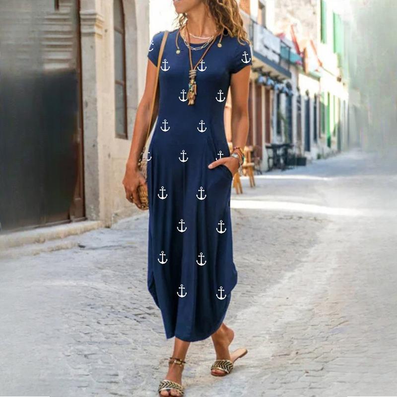 QICED Женская мода лето весна однотонный принт с коротким рукавом и круглым вырезом с высокой талией повседневные платья