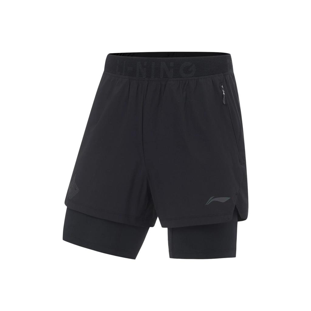 Li Ning Professional Basketball Series Solid Color 2 In 1 Sports Shorts Men Shorts Black AAPT085-1