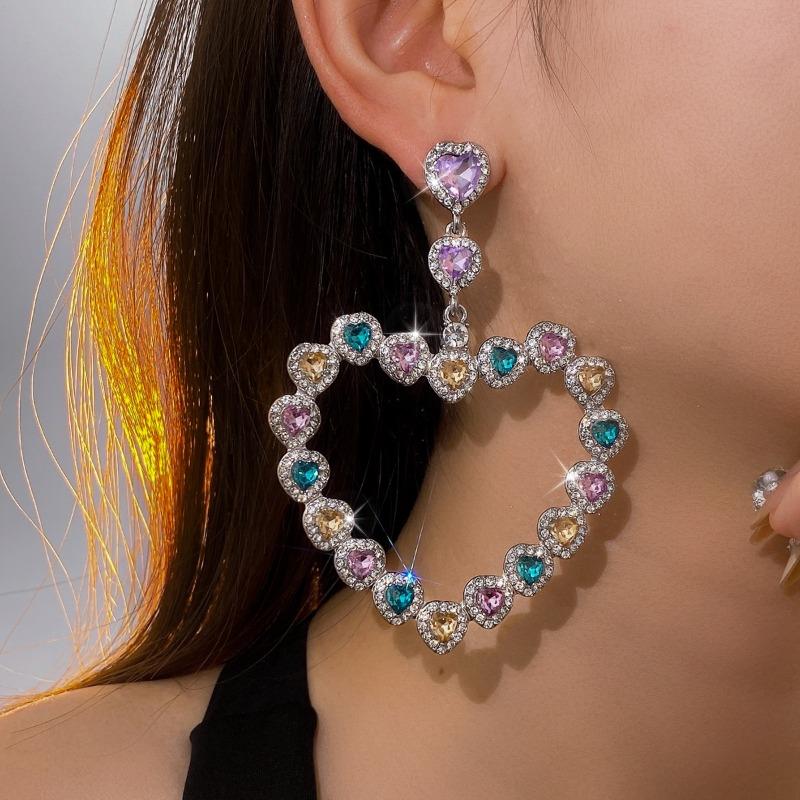 Silver Needle European and American Exaggerated Wind Hollow Diamond Enlaid Love Earrings Dopamine Small Fresh Earrings