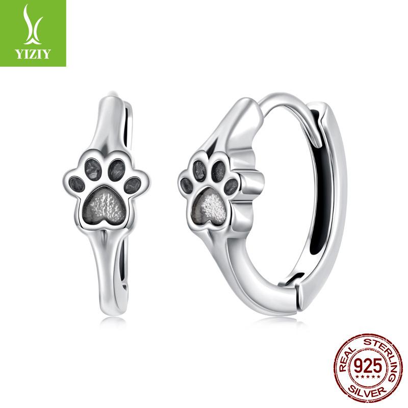 S925 Sterling Silver Cute Pet Paw Print Ear Buckle, Exquisite And Cute Girly Cat Paw Print Earrings And Earrings.