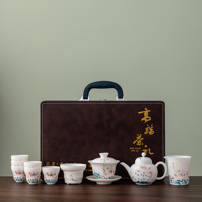 White ceramic hand-painted plain-fired suet jade porcelain tea set business company annual meeting high-end gifts