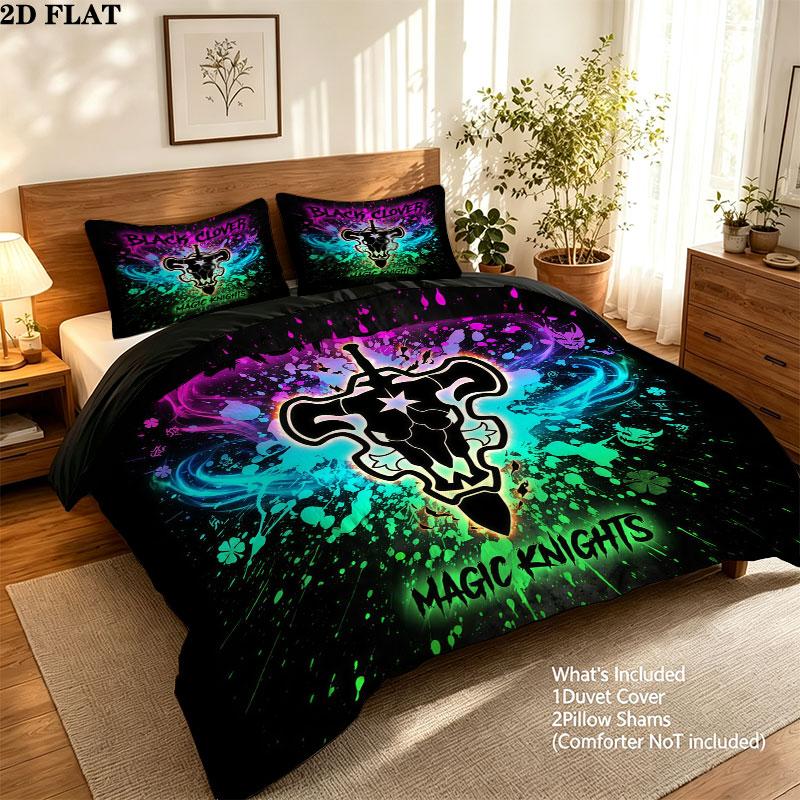 Black Clover Pattern Bedding Quilt Set Quilt Cover Pillowcase Home Birthday Gift(1 * duvet cover + 2 * pillowcase, without core)
