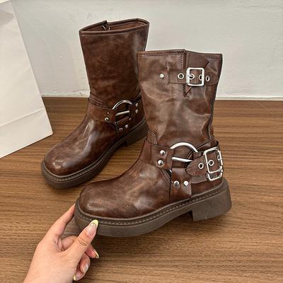 Металлическая пряжка ремня Узкие короткие ботинки Женские Весенние Новые Взрывные Ретро Круглый носок Рукав Универсальные Ботильоны на блочном каблуке до середины голени