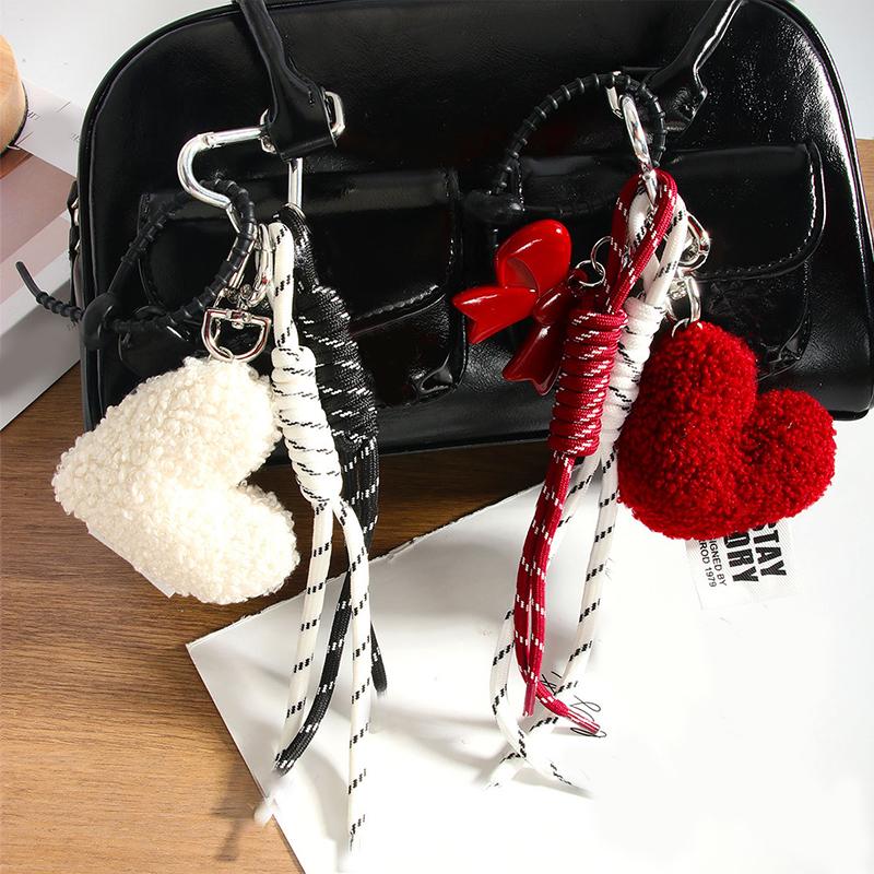 Plush Heart Keychain Woven Rope Exquisite Creative Design Backpack High-end DIY Bow Keychain Accessory Gift