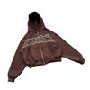 Brown Outline Letter Print Hooded Cropped Cardigan Wide Leg Sweatpants Set Unisex Streetwear Casual Outfit
