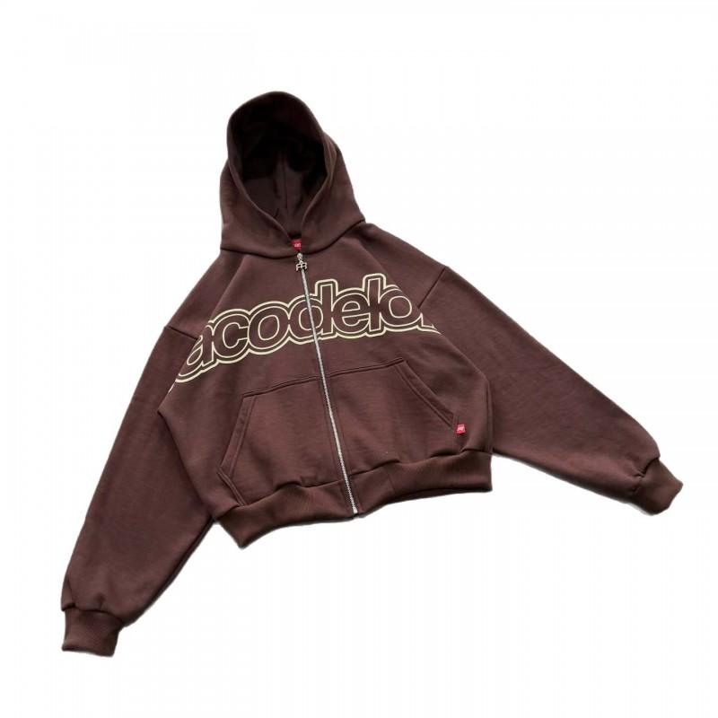 Brown Outline Letter Print Hooded Cropped Cardigan Wide Leg Sweatpants Set Unisex Streetwear Casual Outfit