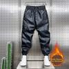 Men Pants Faux Leather Elastic Waist Windproof Waterproof Ankle-banded Patchwork Solid Color Loose Thick