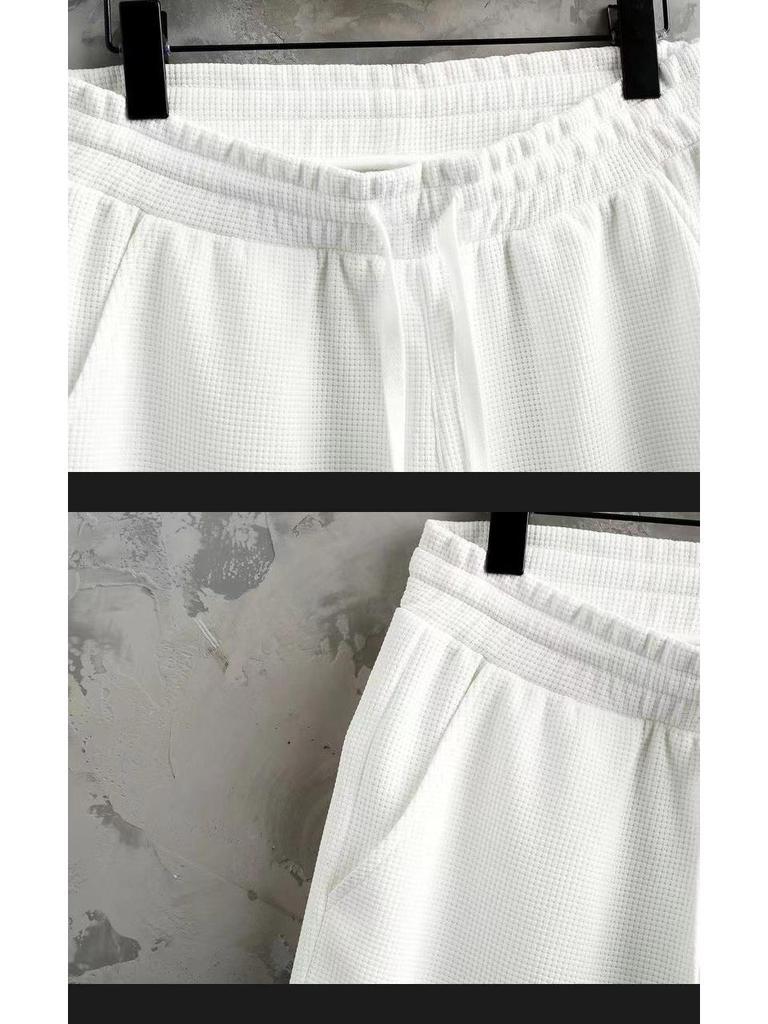 Мужской летний вафельный костюм из ледяного шелка, состоящий из двух частей, в стиле кэжуал - футболка с коротким рукавом и шорты