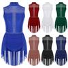 Womens Lyrical Dance Costume Dancewear Sleeveless Backless Sheer Mesh Patchwork Glittery Rhinestones Leotard Dress