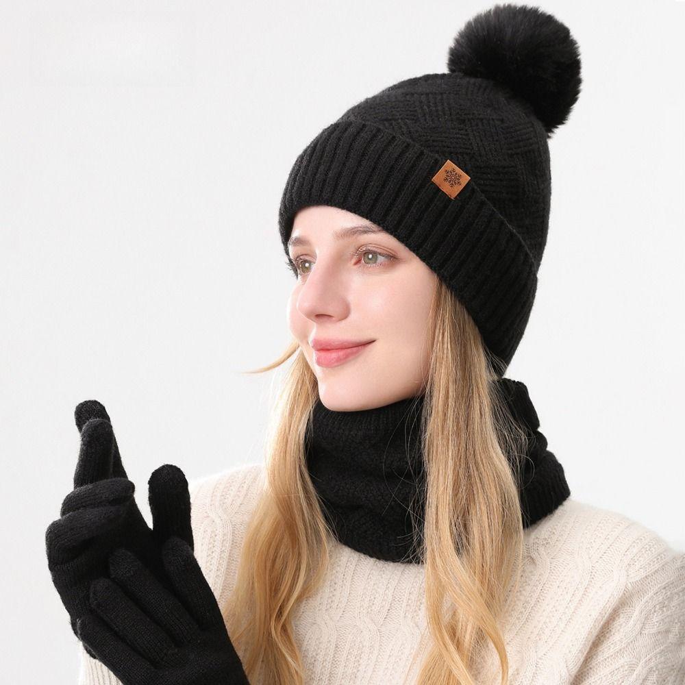 3pcs Wool Hat Scarf Gloves Set Solid Color Winter Beanie Hat Neck Warmer Thermal Knit Cap Winter