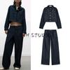 High Waist Wide Leg Jogging Plaid Jeans 1934027 Denim Cotton Long Sleeves Short Shirt 1934029
