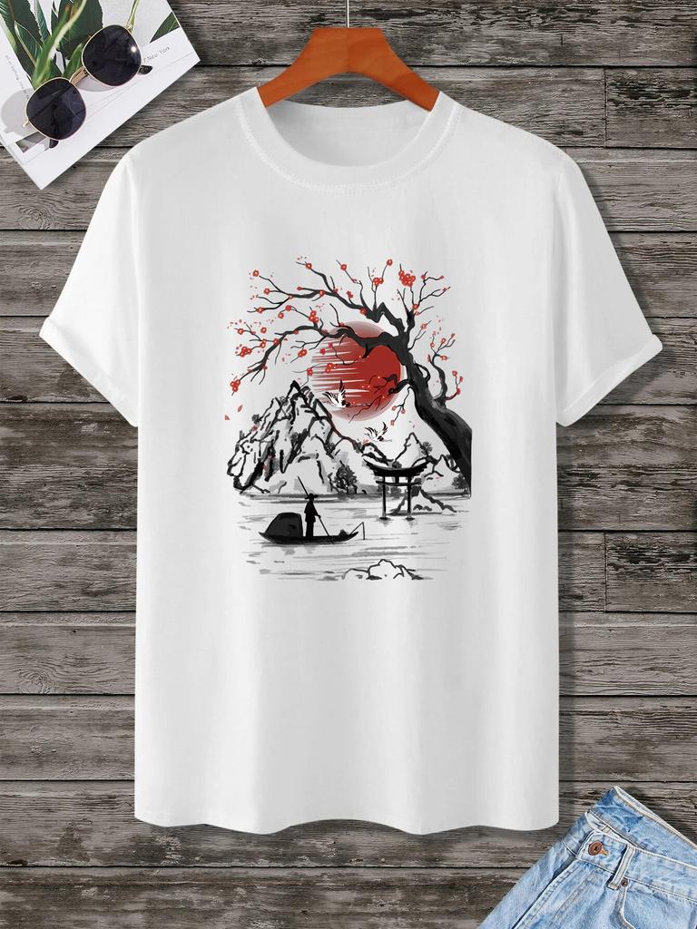 Мужская футболка с принтом в японском стиле, повседневные модные летние футболки с круглым вырезом и короткими рукавами, топы, футболки обычного и большого размера