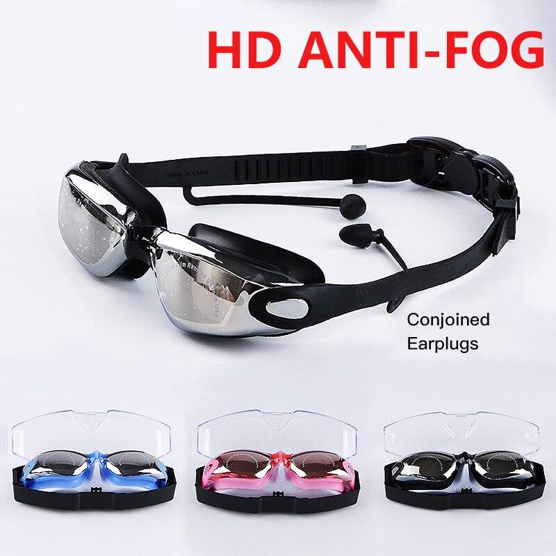 Adult Electroplated Swimming Glasses HD Waterproof Anti-fog Swimming Goggles Teenager Water Sport Eyewear With Earplug Men Women