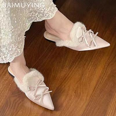 Женские туфли-мюли с бантом на плоской подошве с меховым острым носком, модные тапочки, зимняя новинка 2024 года, дизайнерские туфли с открытой пяткой, элегантные женские туфли Zapatillas