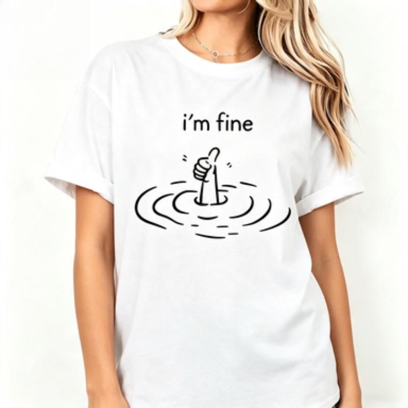 Unisex Cotton Tshirt Im Fine Funny Drowning Hand Graphic Tee Minimal Line Drawing Humorous Unisextal Mood Casual Crew Neck Tops