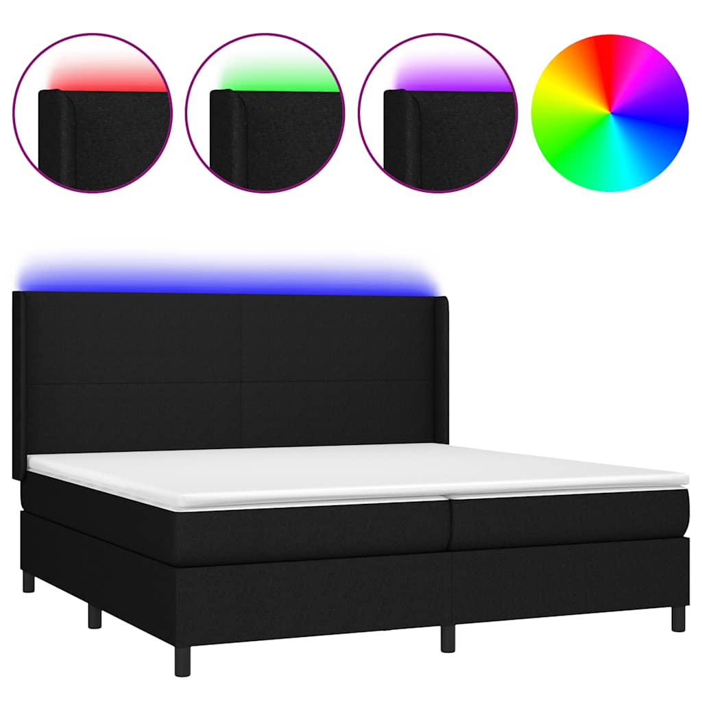 Box Spring Bed with Mattress & LED Black 200x200 cm Fabric
