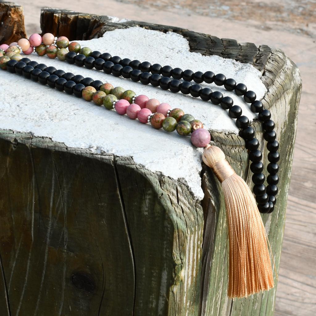 108 Mala Beads Long Necklace Boho Style Tassel Pendant Natural Stone Rhodochrosite Unakite Black Onyx Handmade Zircon Gift