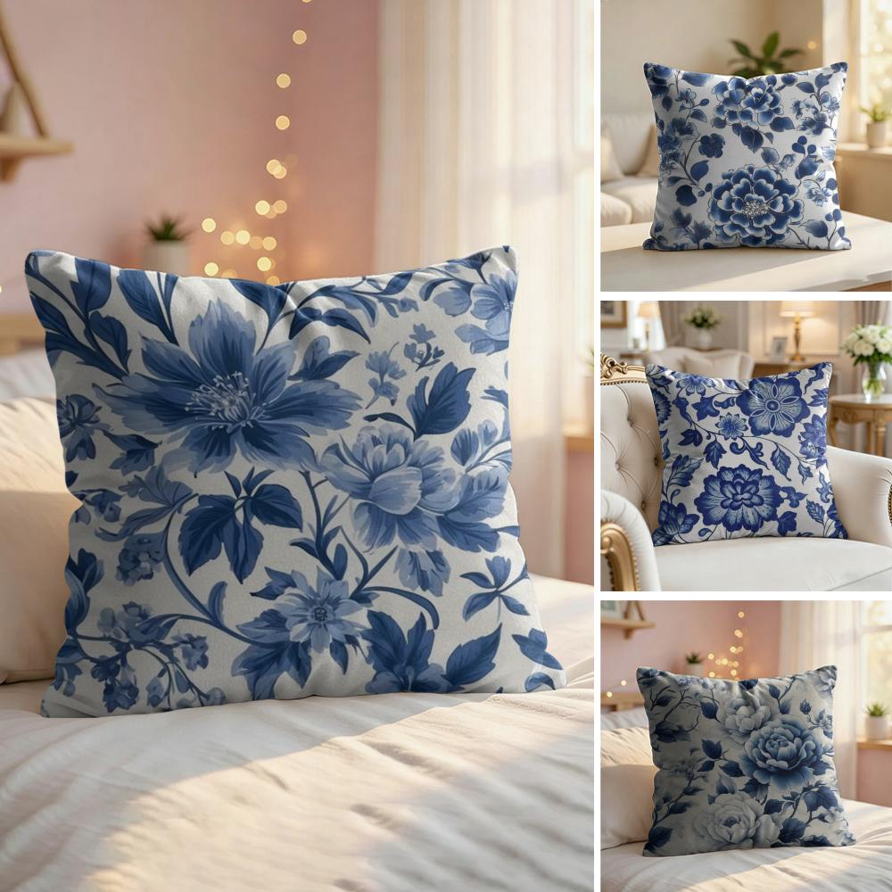 Blue And White Porcelain Cushion Cover Natural Linen Organic Fabric DoubleSided Printing Couch Pillow Covers Home Decor