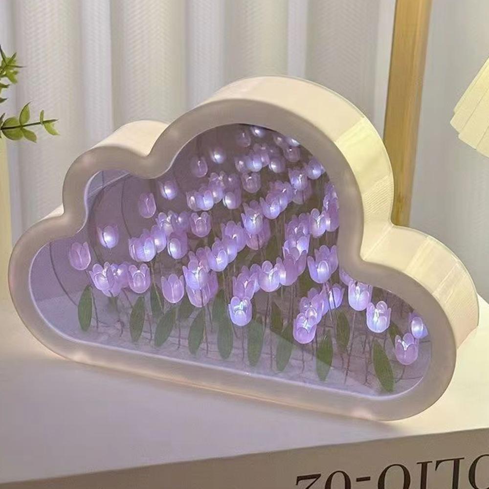 DIY Handmade Cloud Tulip Night Light Mirror Atmosphere Light Desktop Ornament,Battery Operated