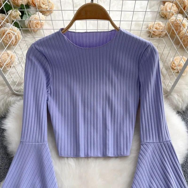 Hotsweet Elegance Casual Fashion Расклешенный рукав Короткий О-образный вырез Тонкая футболка и блузки Топ Лето Осень Одежда Для Женщин Базовые