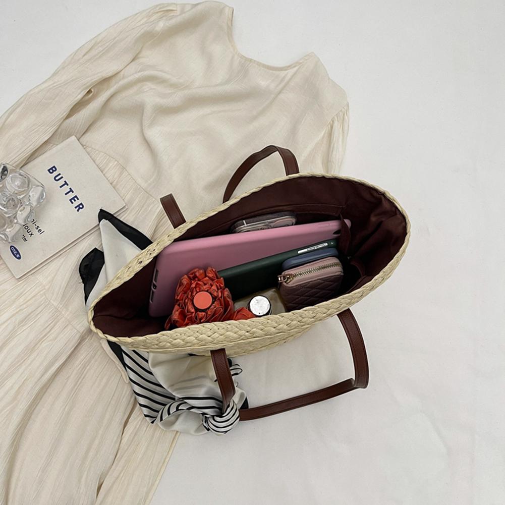 Design Straw Woven Tote Bag for Women Raffia Handbag Summer Beach Bags for Vacation Rattan Shoulder Bag with Silk Scarf Totes