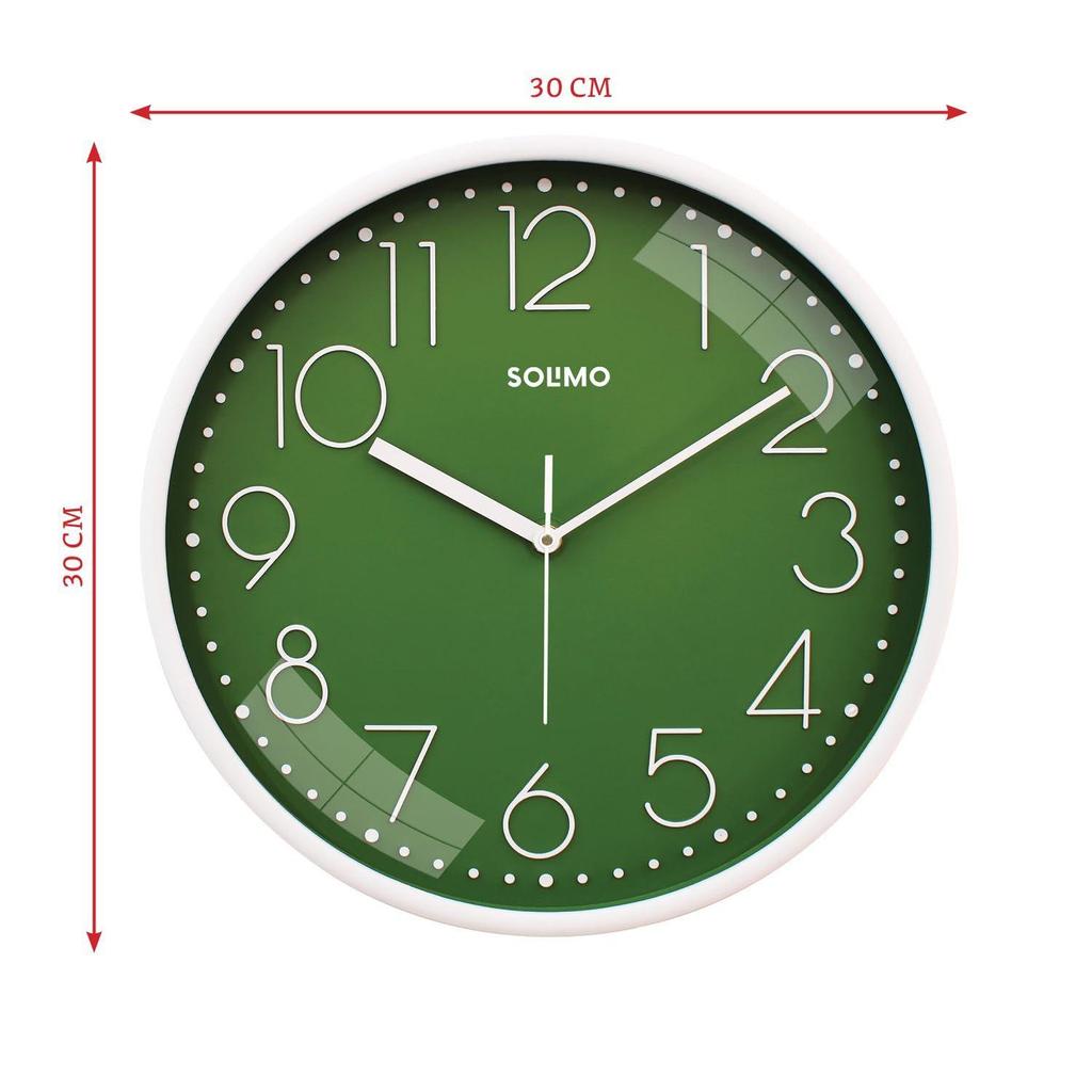 Пластиковые аналоговые настенные часы, кварцевый механизм, бесшумный ход, современное тиснение, легко читаемый индикатор времени (30 см X 30 см, Зеленый)