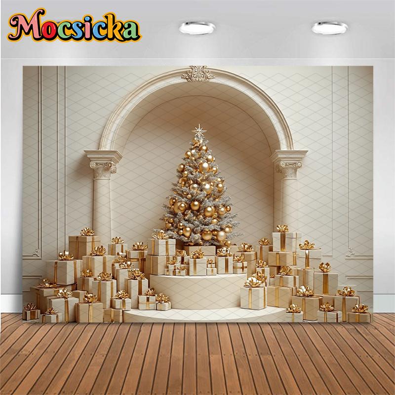 Mocsicka Рождественская елка Фон для Фотосъемки Бежевая Стена Дверь Подарок Детские Реквизит для Съемки Украшение Фон Студия Фотозона