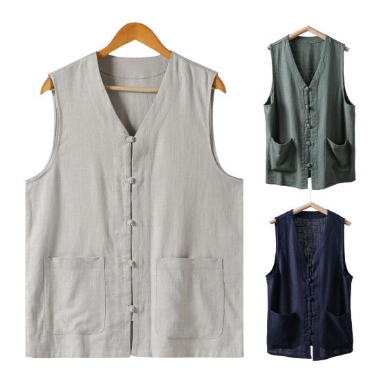 Мужской летний жилет однобортный в ретро-китайском стиле с завязками на пуговицах, свободный, без рукавов, с V-образным вырезом, накладными карманами, однотонный повседневный топ