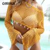 Women's Summer New Stitched Hollow Woven Beach Bikini Blouse Long Sleeve Top