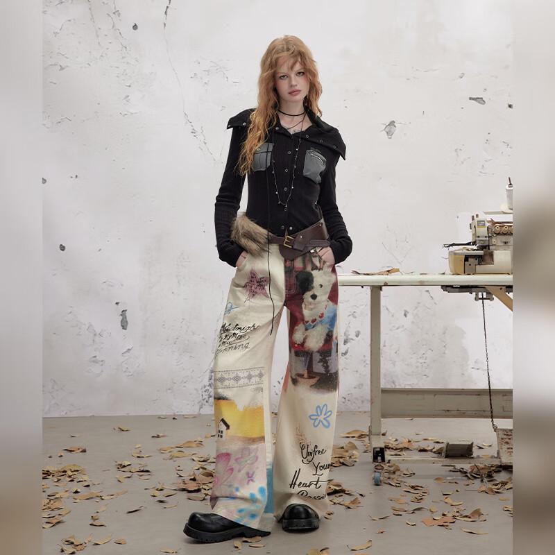 unifree Women's Retro Graffiti Wide-Leg Casual Pants