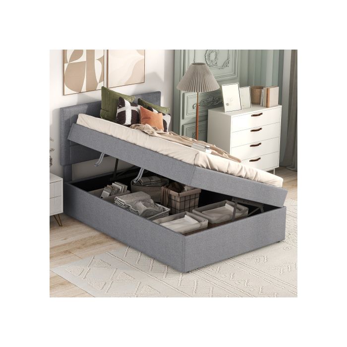 Lit rembourré - MUVOE - 90 x 200 cm - Gris - Grand espace de rangement - Sans matelas