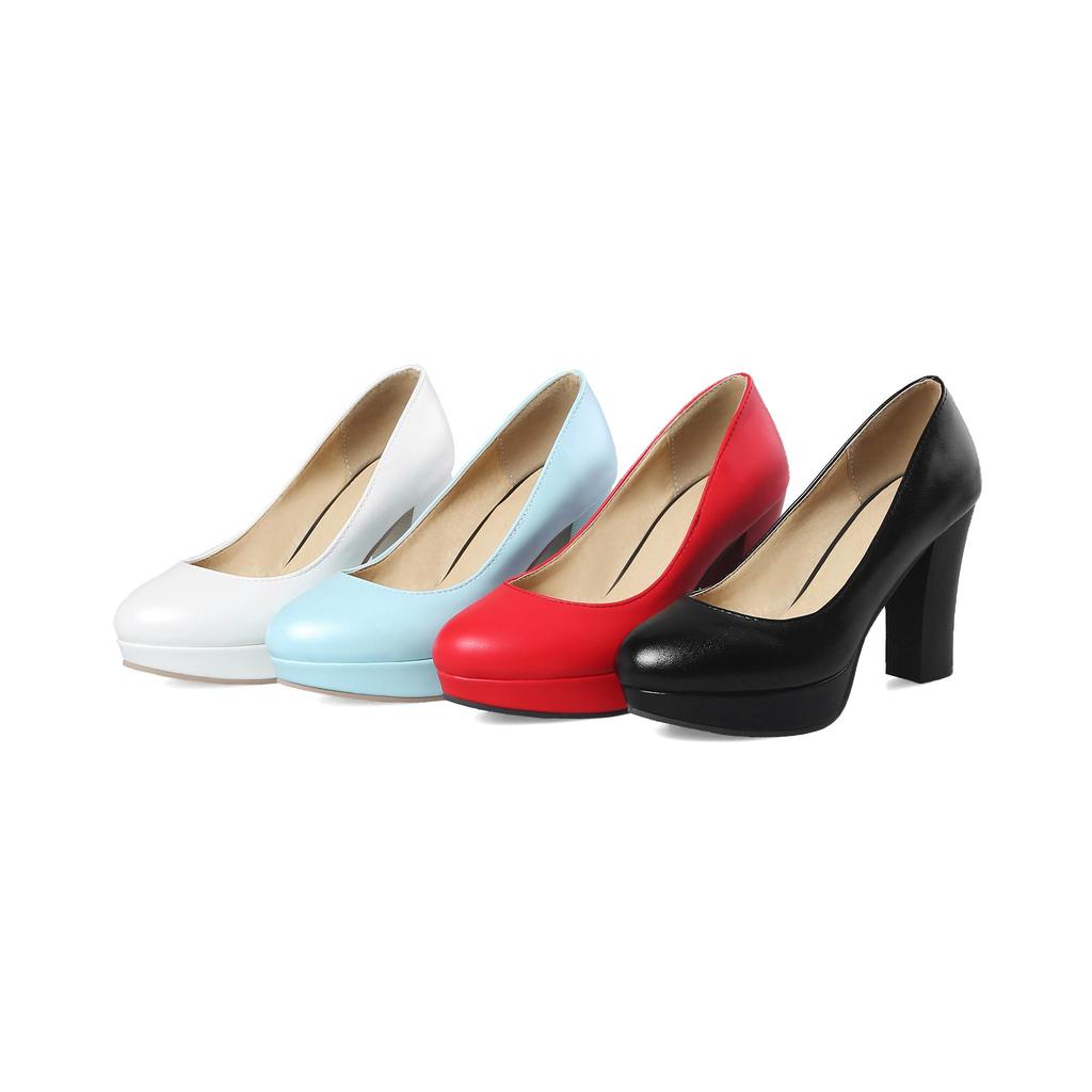 Q/Women's High Heeled Single Shoes with Simple Temperament, Solid Color Waterproof Platform, Shallow Mouth, Thick Heel, Large Size, Low Top Shoes
