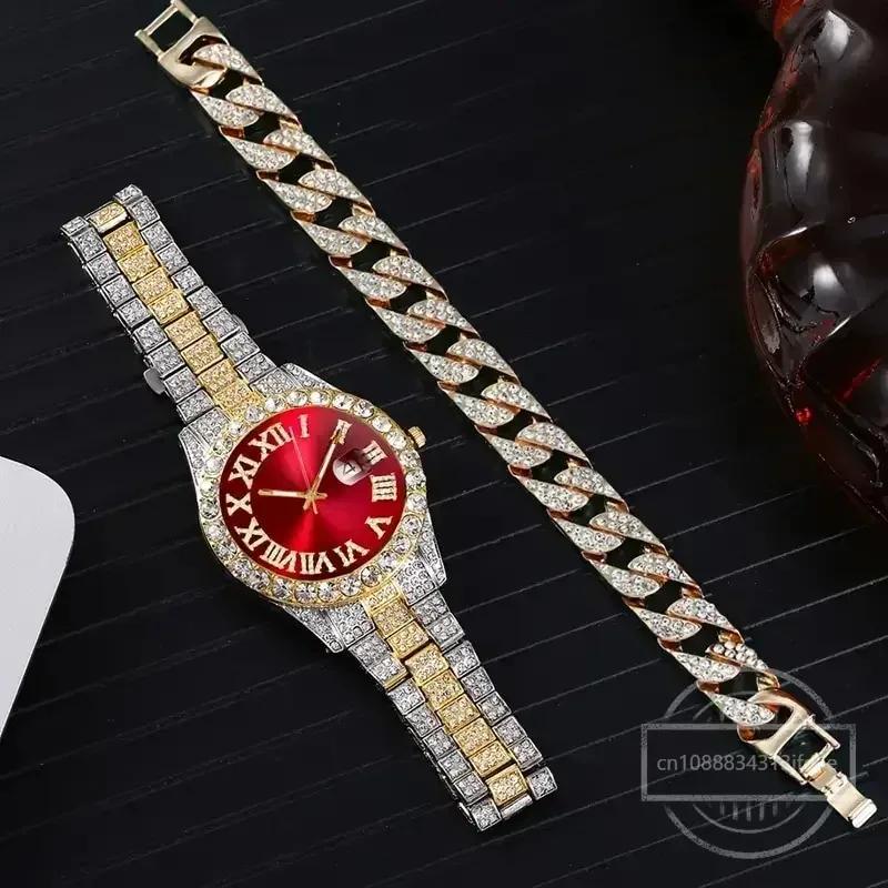 1/2 шт. Браслет для часов в стиле хип-хоп из нержавеющей стали золотого цвета, часы с календарем для мужчин, инкрустированные стразами, мужские часы Reloj Hombre