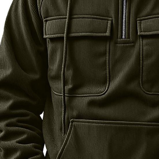 Men Hoodie Zipper Half Placket Hooded Drawstring Long Sleeve Sport Tops with Pockets Solid Color Multi-Pocket Design Warm Sweatshirt