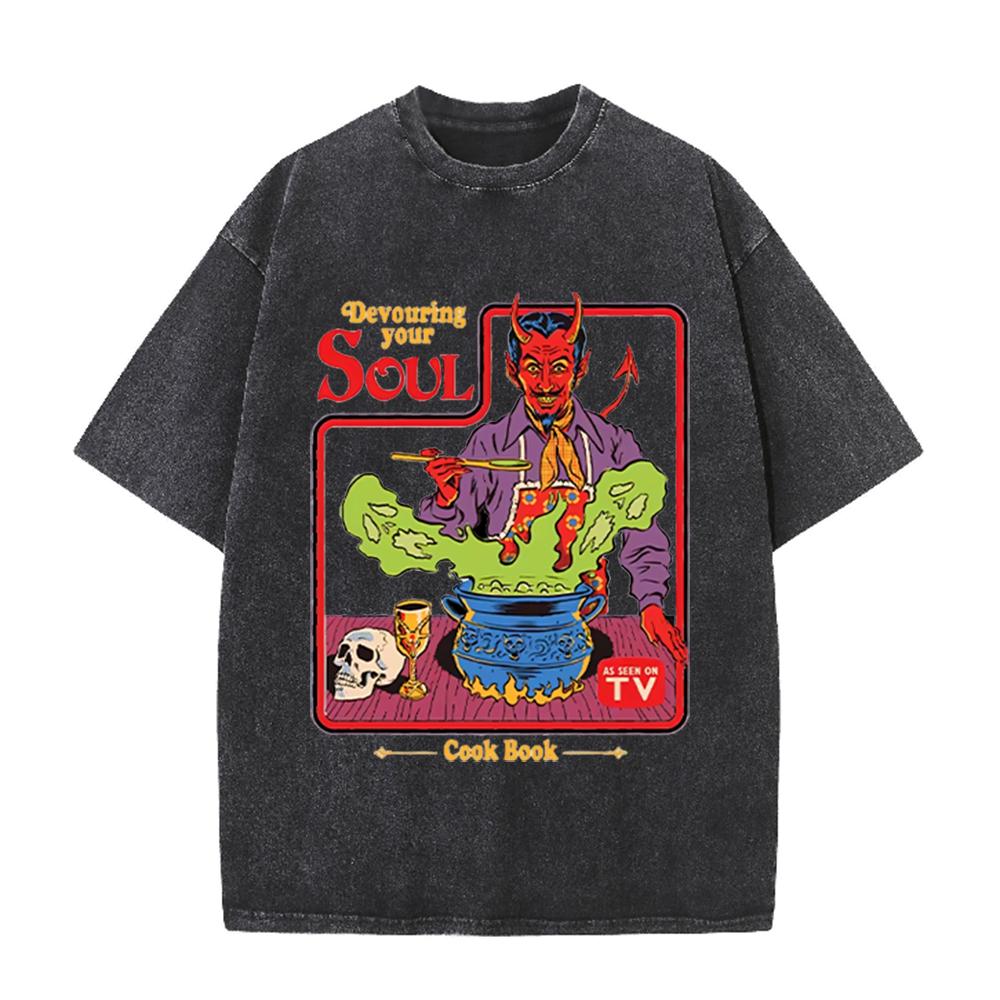 2026 Vintage Washed Black Devil Cooking Devouring Your Soul Retro Comic Graphic T Shirt Gothic Cartoon Oversized Streetwear Shor