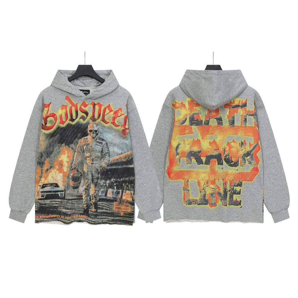 Худи с ретро-принтом 'God Bless America' в стиле рок-стрит, стиранное, повседневное, свободного кроя