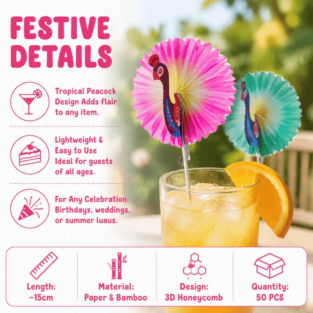50PCS Peacock Shape Cocktail Picks Colorful Paper Umbrella Wooden Skewers Bar Restaurant