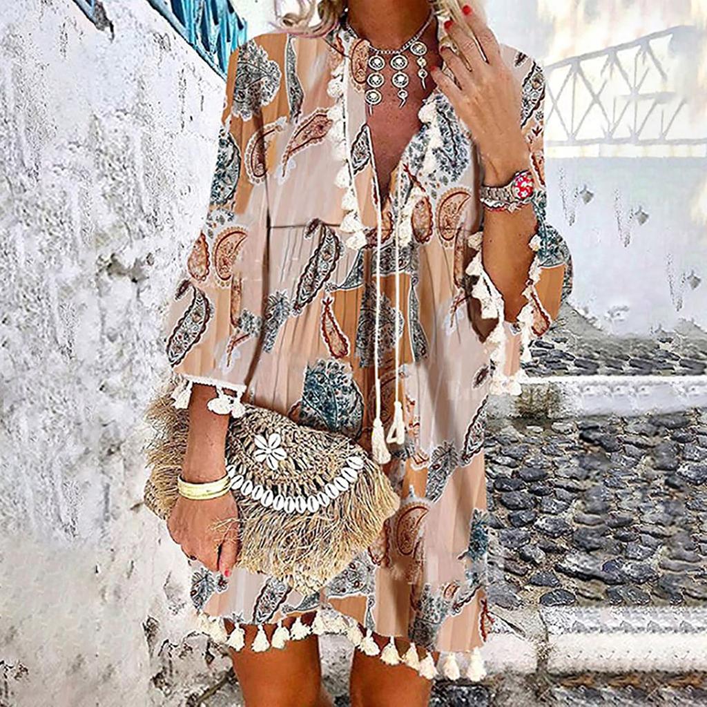 Женское модное платье в стиле бохо с рукавом три четверти, кружевное мини-платье с v-образным вырезом и кисточками