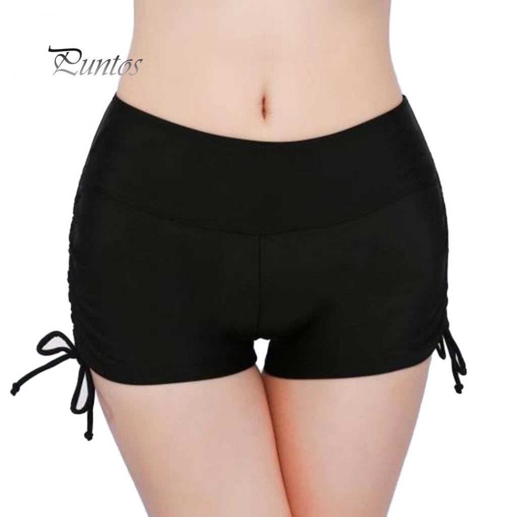 Global Selling Women Solid Color Bikini Bottom Side Pleated Bandage Swim Shorts