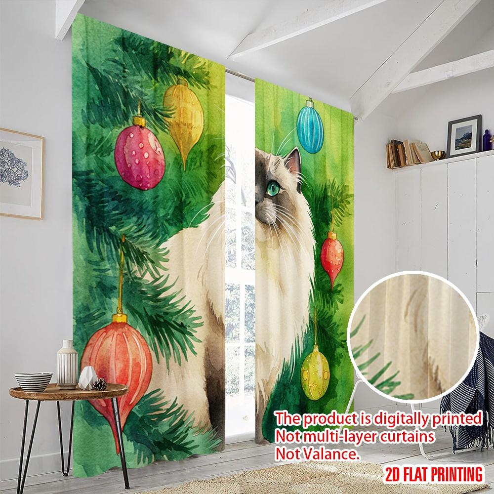 2pcs,2D Plane Printing Print Curtains Longhair Cat by Tree Durable Polyester (without Rod) Versatile All for Living Room,