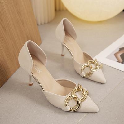 Модные женские туфли на шпильках, весенние, новые, с острым носком, с большой металлической цепочкой, с неглубокой полостью, дышащие, одинарные туфли