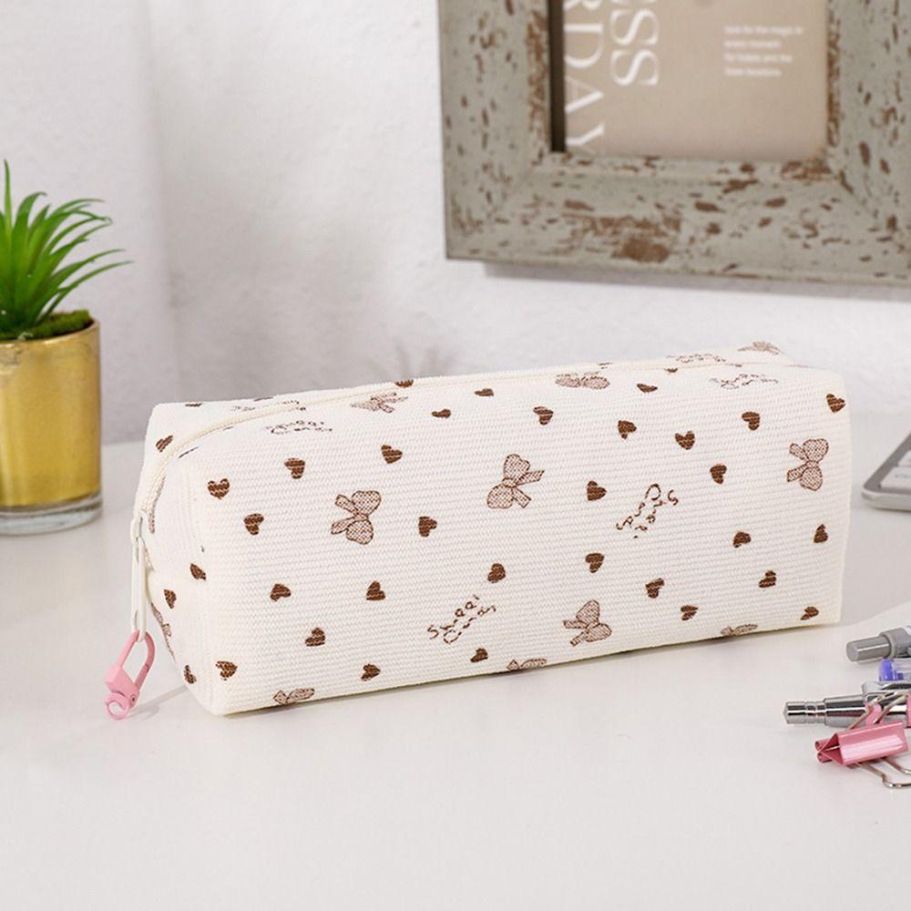 Bow & Heart Print Pencil Case Large Capacity Stationery Bag Simple Pen Bag Students