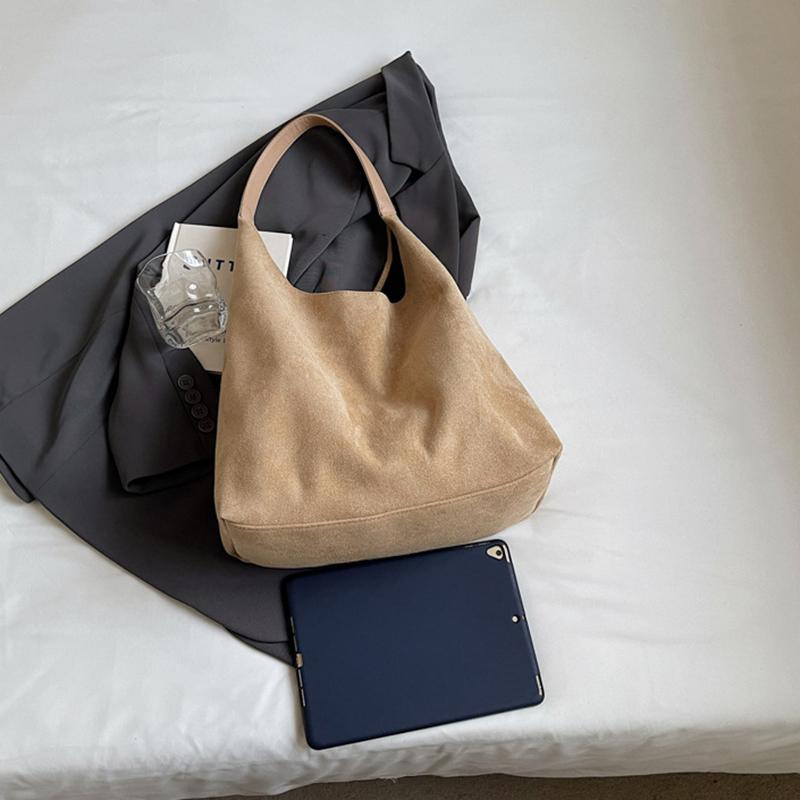 Women Suede Shoulder Bag Retro Single Shoulder Bag Large Capacity Simple Tote Handbag Solid Color Hasp Closure Top Handle Bag