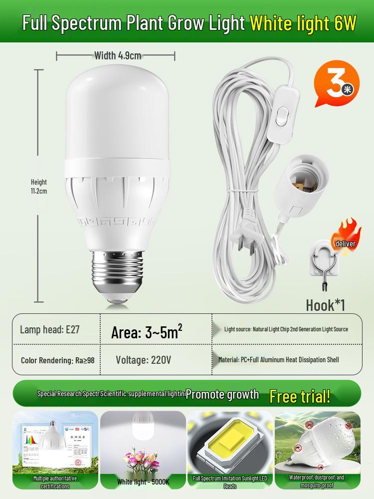 Светодиодная лампа полного спектра для выращивания комнатных растений, цоколь E27, имитация солнечного света.
